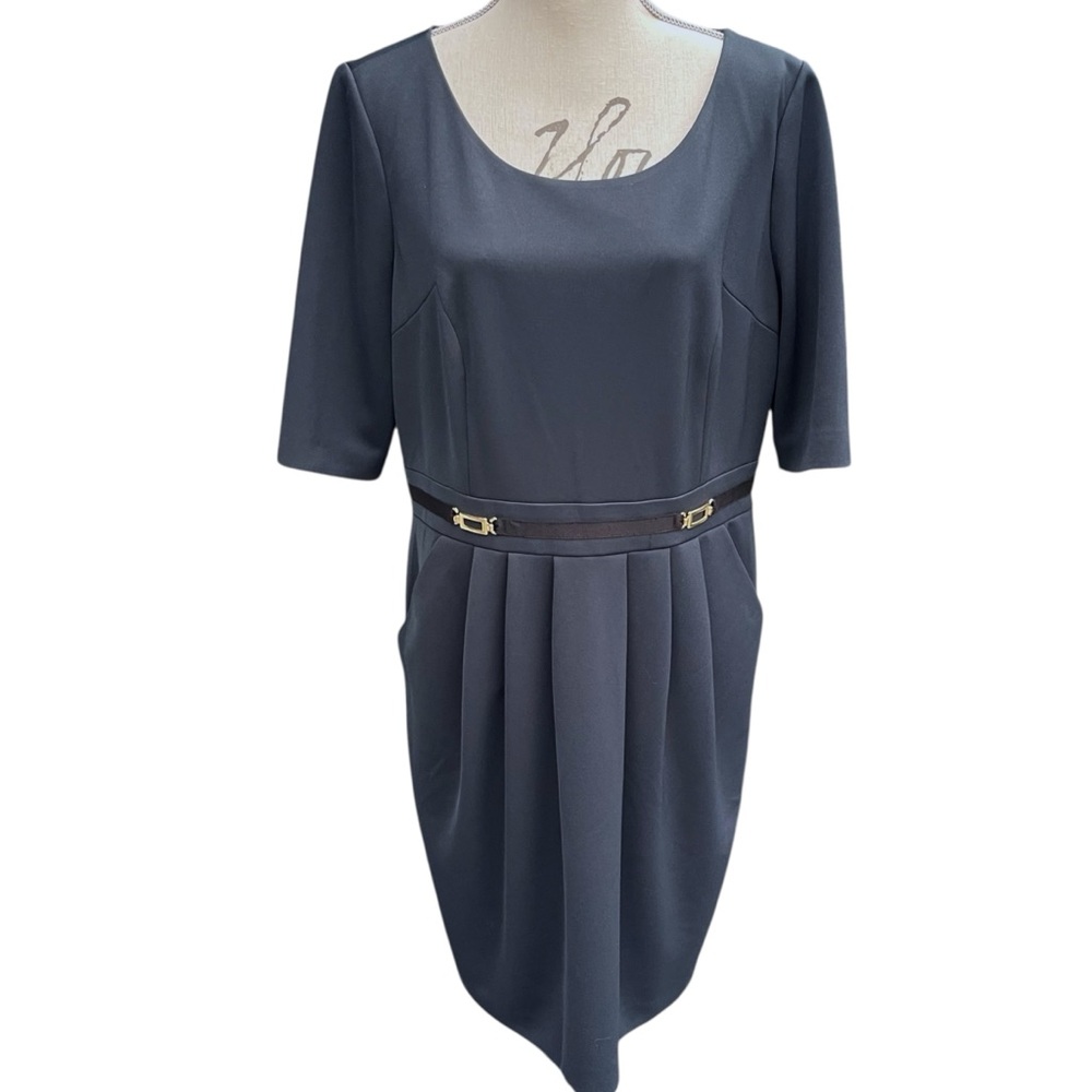 Tahari ASL Blue/Grey Short Sleeve Pocket Pleated Skirt Back Zip Dress (16)